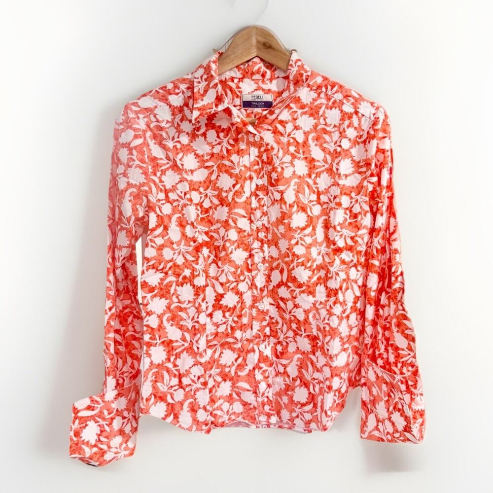 Fedeli Trillion Palm Beach Blouse Sz 46/Small Orange White Floral Made in Italy
